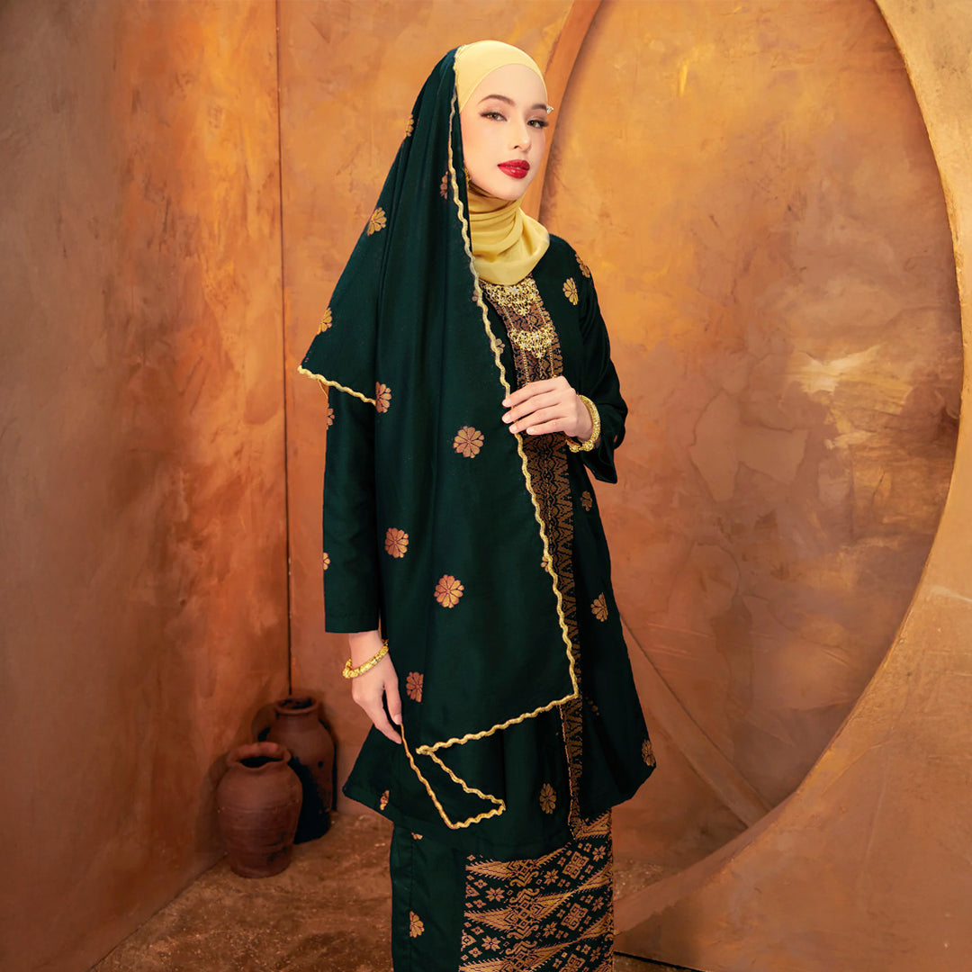 Selendang Songket | Dark Emerald Green Gold (Suri)