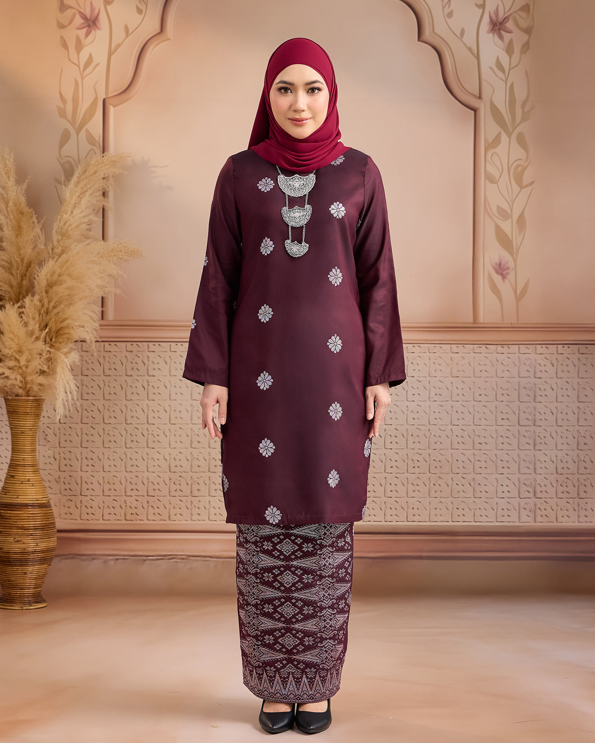 KURUNG LAYLA (MODEN) | BURGUNDY - SILVER