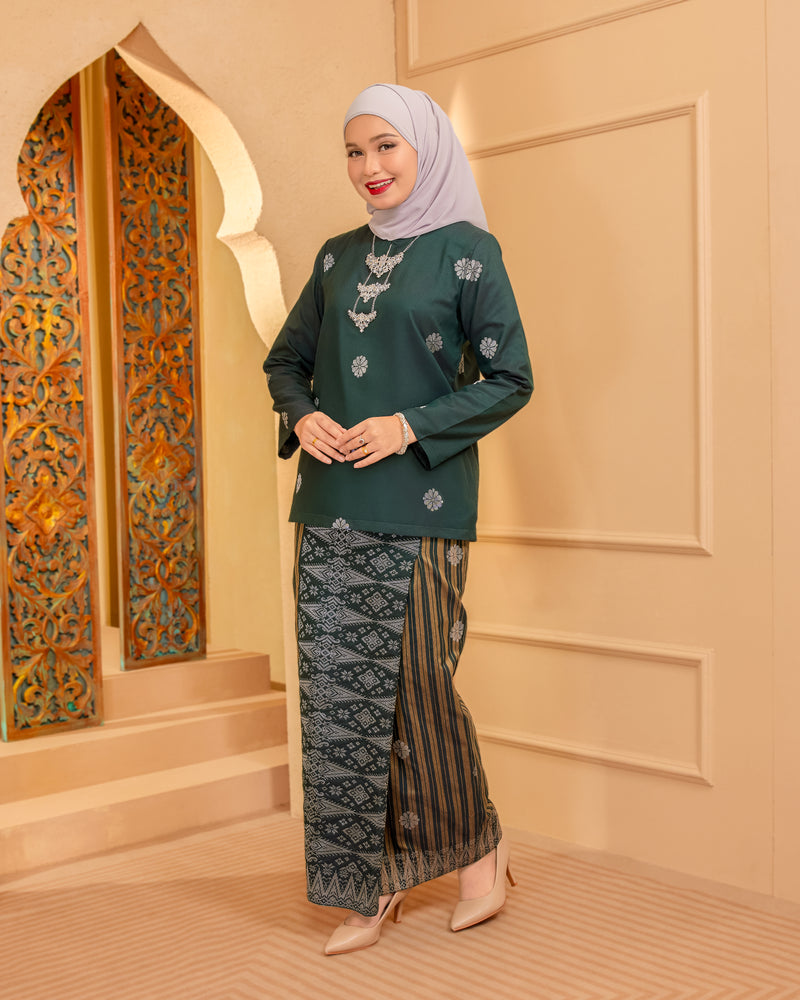 KURUNG MAHSURI (KEDAH) - Songket Jalur | Dark Emerald Green-Champagne