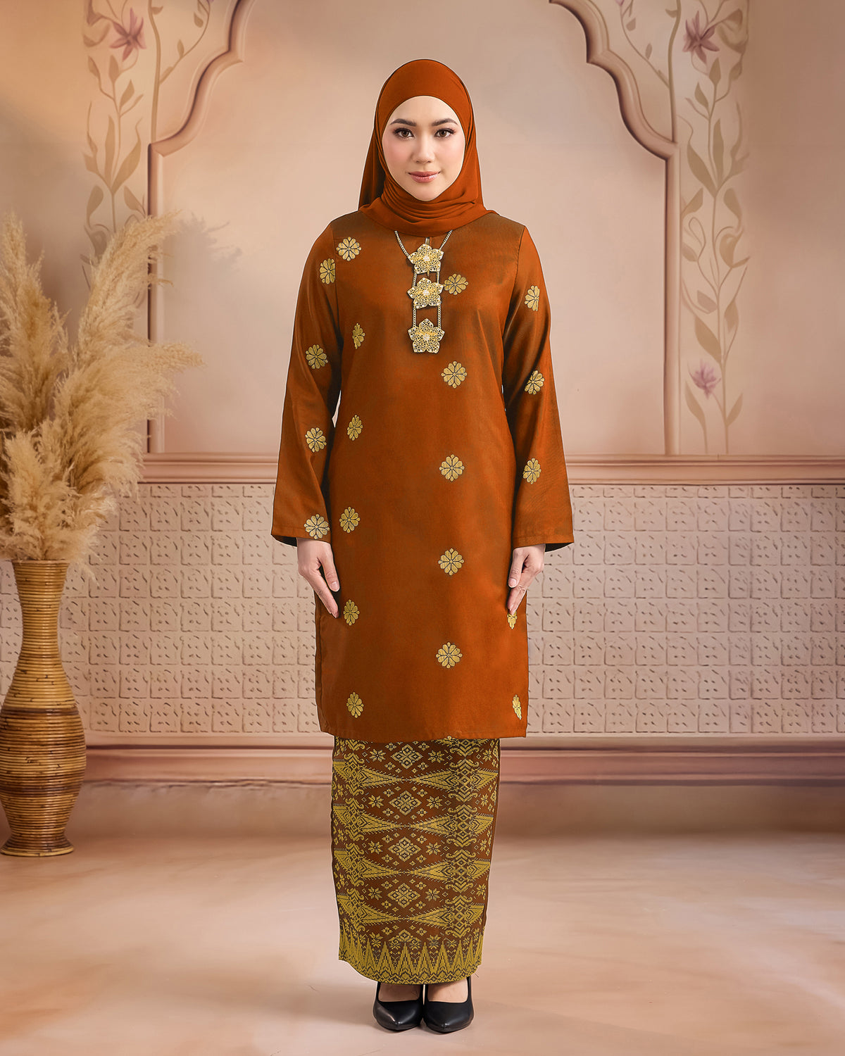 KURUNG LAYLA (MODEN) | BRICK ORANGE - GOLD