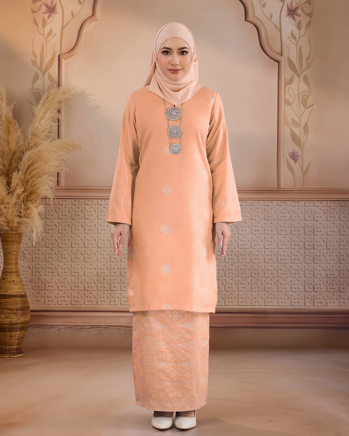 KURUNG LAYLA (MODEN) | PEACH - SILVER