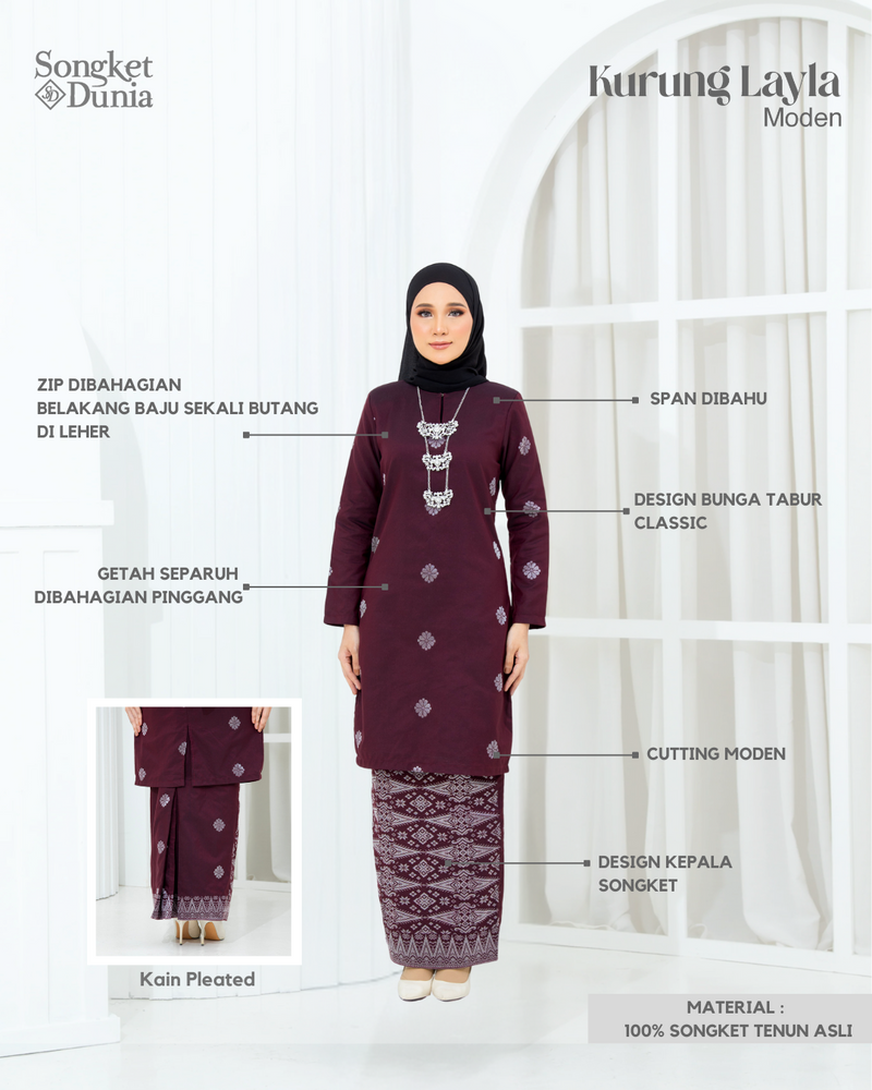 BURGUNDY - SILVER | Kurung Layla - Moden