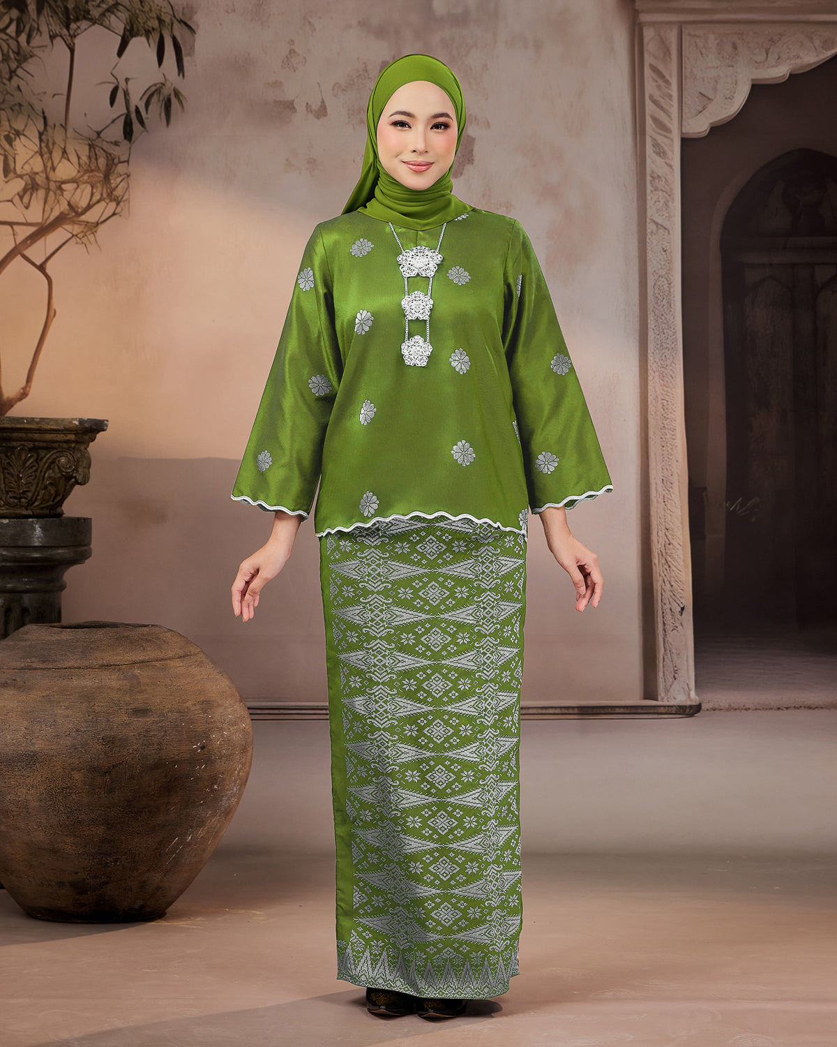 KURUNG RATNA (KEDAH SULAM) | OLIVE GREEN - SILVER