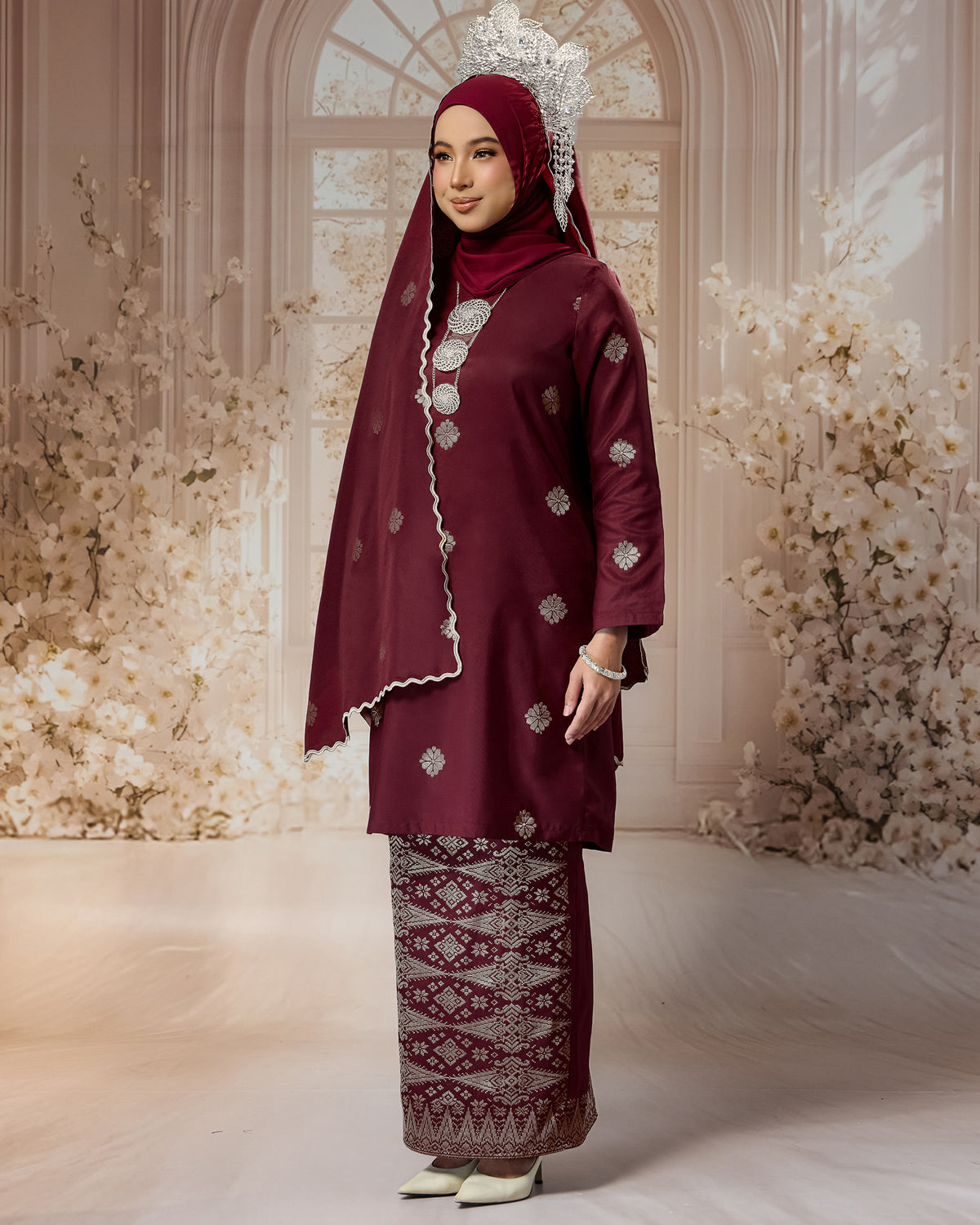 SEJIWHA SET C - BAJU MELAYU CEKAK MUSANG & KURUNG LAYLA | MAROON SILVER/GOLD