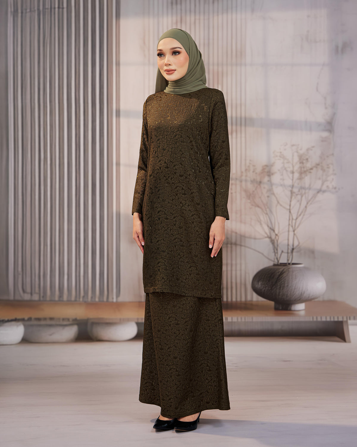 KURUNG ORKED (Moden) - Olive Green | Soft Premium Brocade