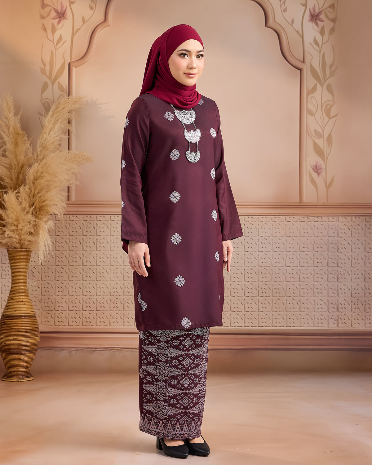 KURUNG LAYLA (MODEN) | BURGUNDY - SILVER