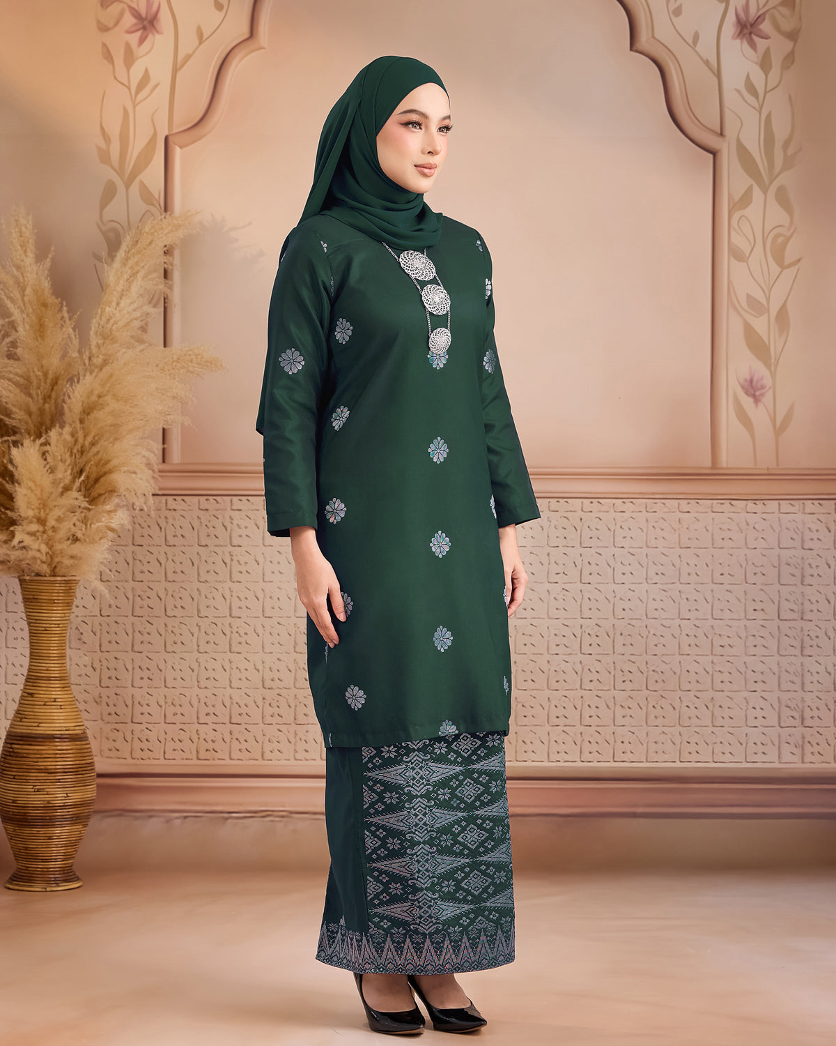 KURUNG LAYLA (MODEN) | DARK EMERALD GREEN - SILVER