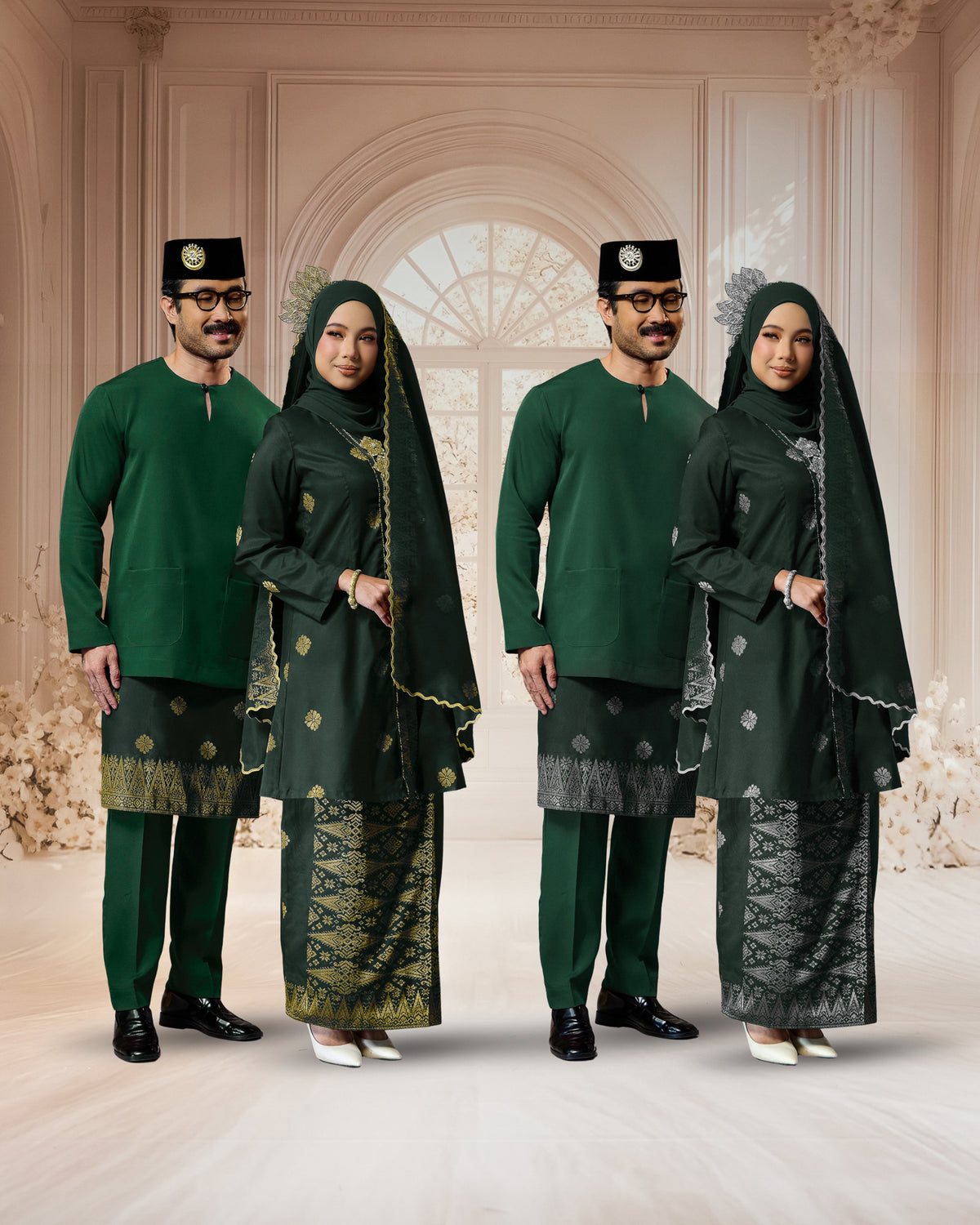 SEJIWHA SET A - BAJU MELAYU TELUK BELANGA & KURUNG LAYLA | DARK EMERALD GREEN SILVER/GOLD