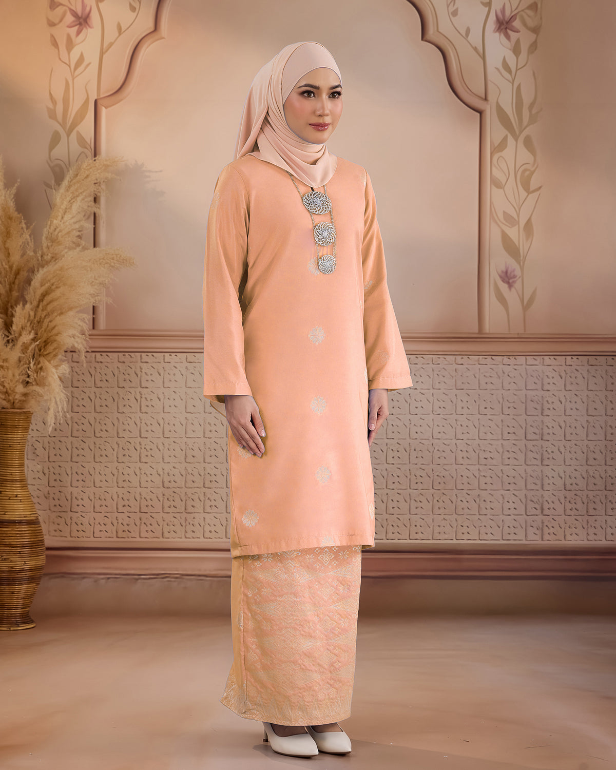 KURUNG LAYLA (MODEN) | PEACH - SILVER
