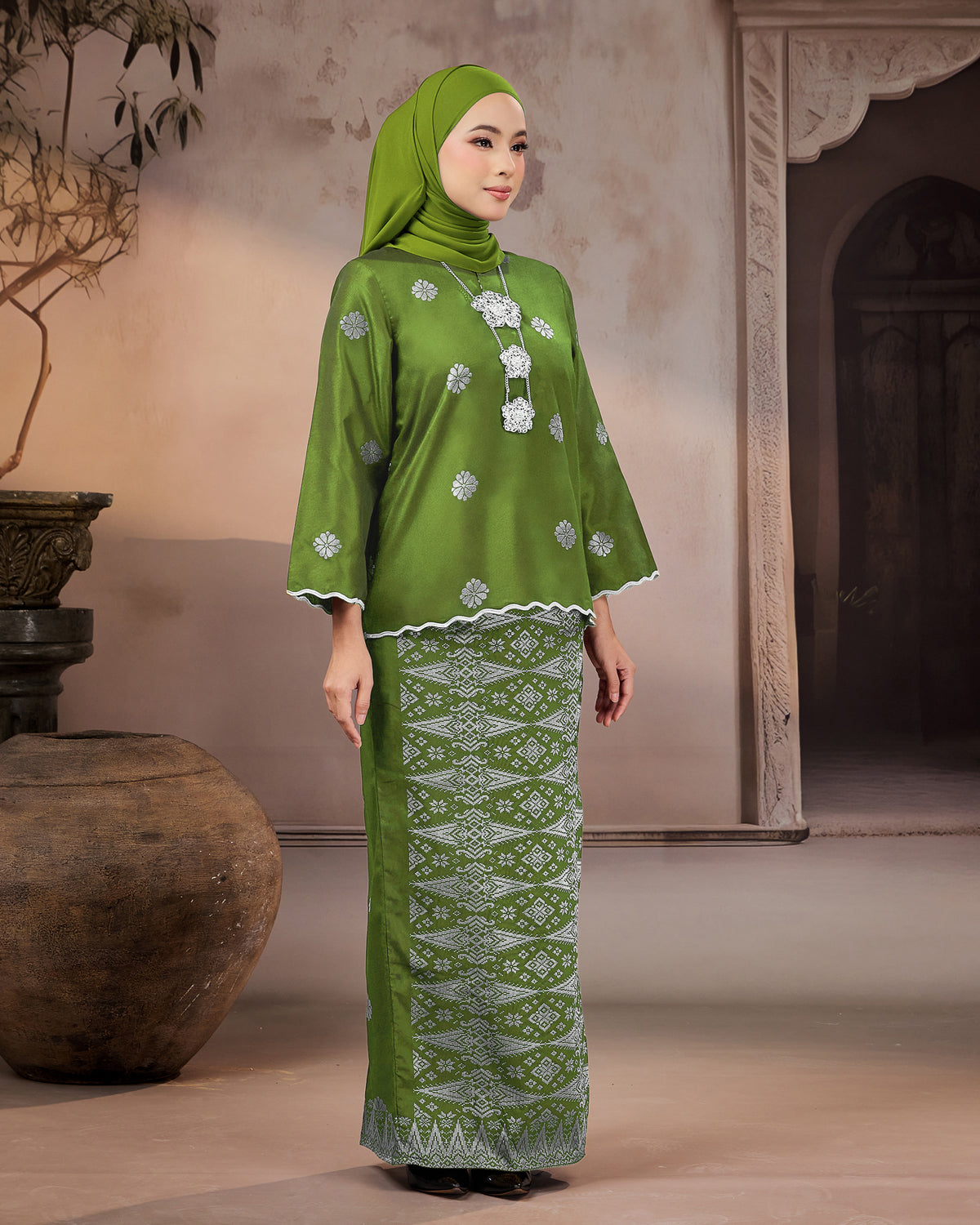 KURUNG RATNA (KEDAH SULAM) | OLIVE GREEN - SILVER