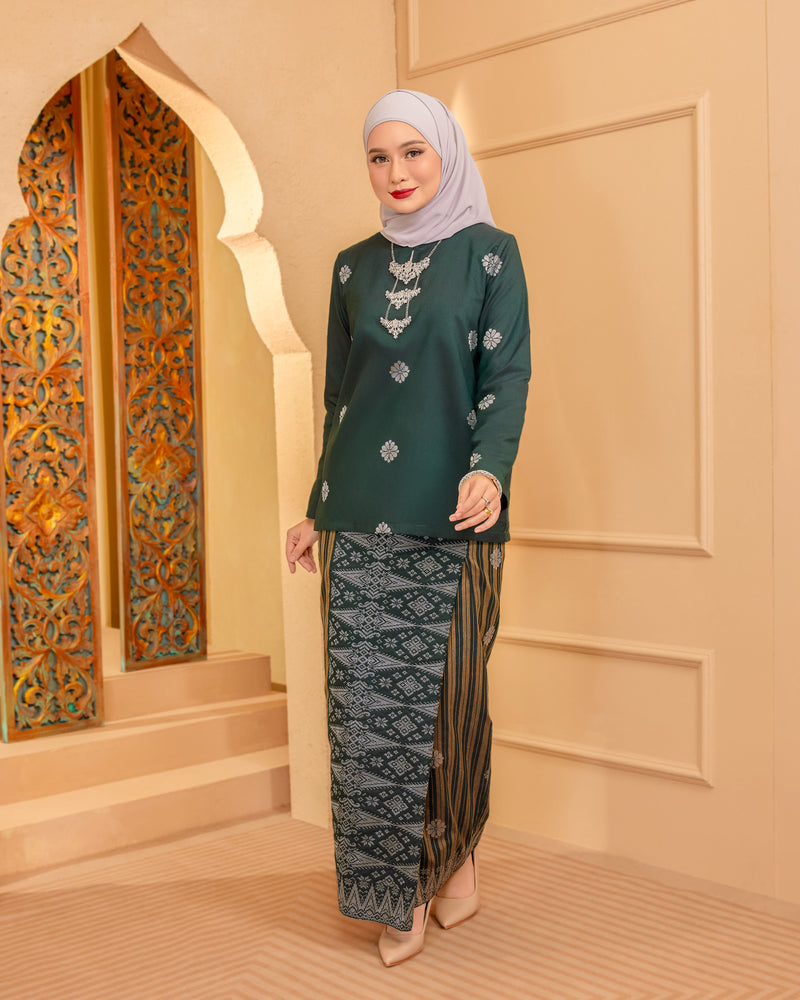 KURUNG MAHSURI (KEDAH) - Songket Jalur | Dark Emerald Green-Champagne