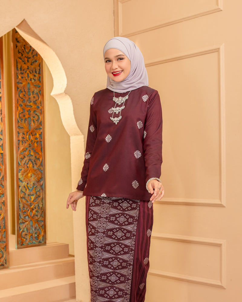 KURUNG MAHSURI (KEDAH) - Songket Jalur | Burgundy-Dusty Pink