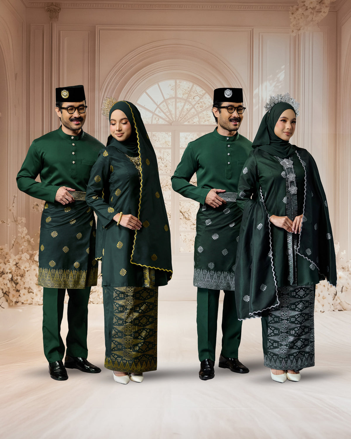 SEJIWHA SET D - BAJU MELAYU CEKAK MUSANG & KURUNG KEBAYA | DARK EMERALD GREEN SILVER/GOLD