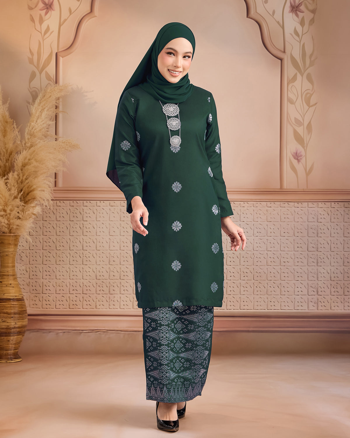 KURUNG LAYLA (MODEN) | DARK EMERALD GREEN - SILVER