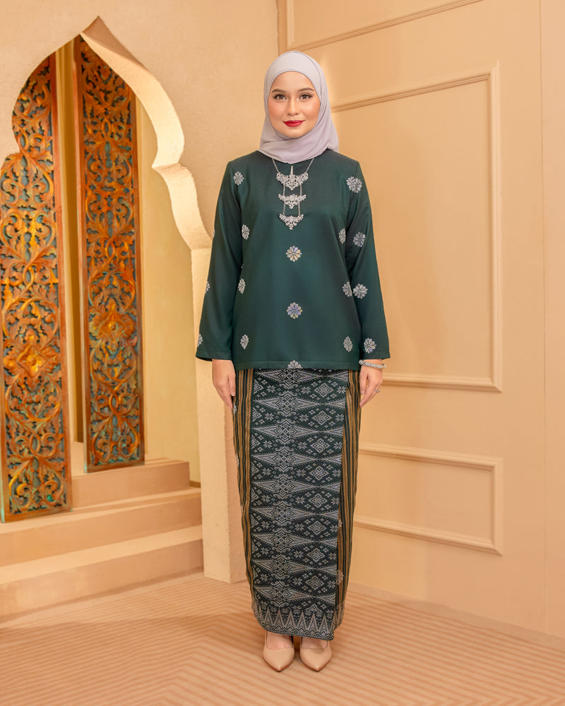 KURUNG MAHSURI (KEDAH) - Songket Jalur | Dark Emerald Green-Champagne