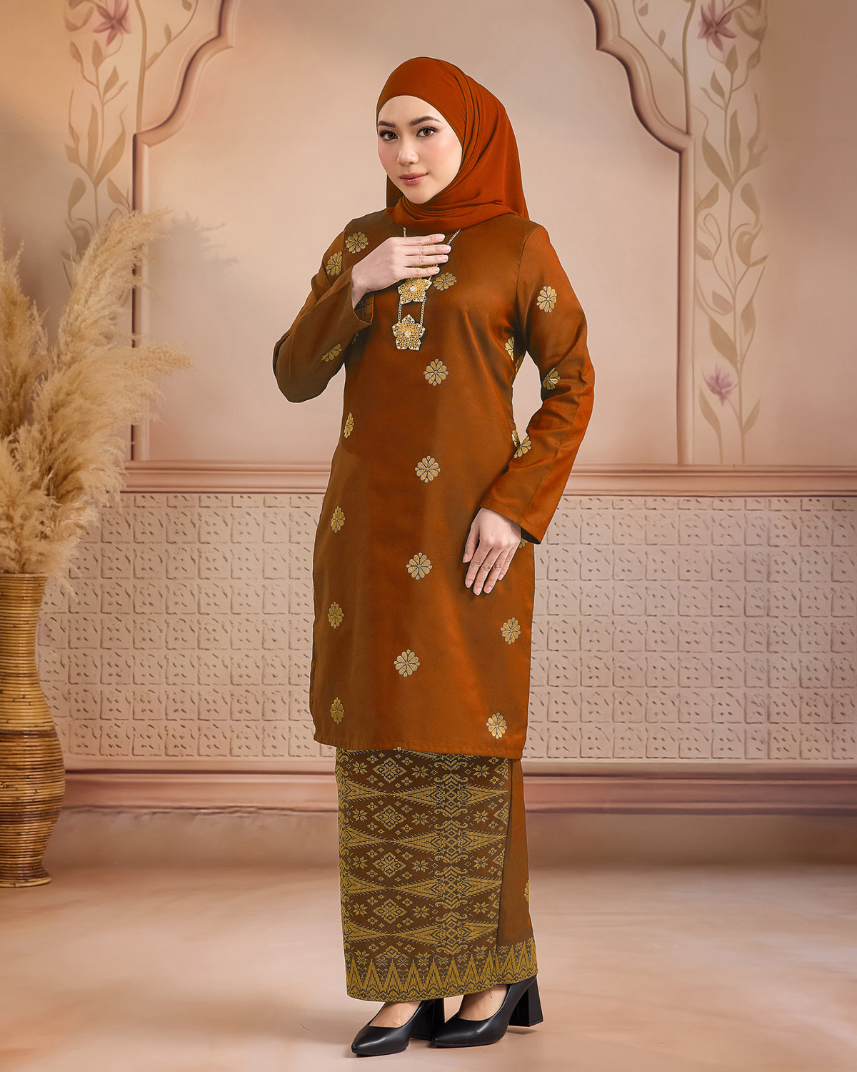 KURUNG LAYLA (MODEN) | BRICK ORANGE - GOLD