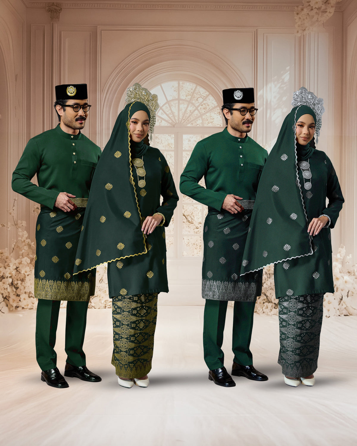 SEJIWHA SET C - BAJU MELAYU CEKAK MUSANG & KURUNG LAYLA | DARK EMERALD GREEN SILVER/GOLD