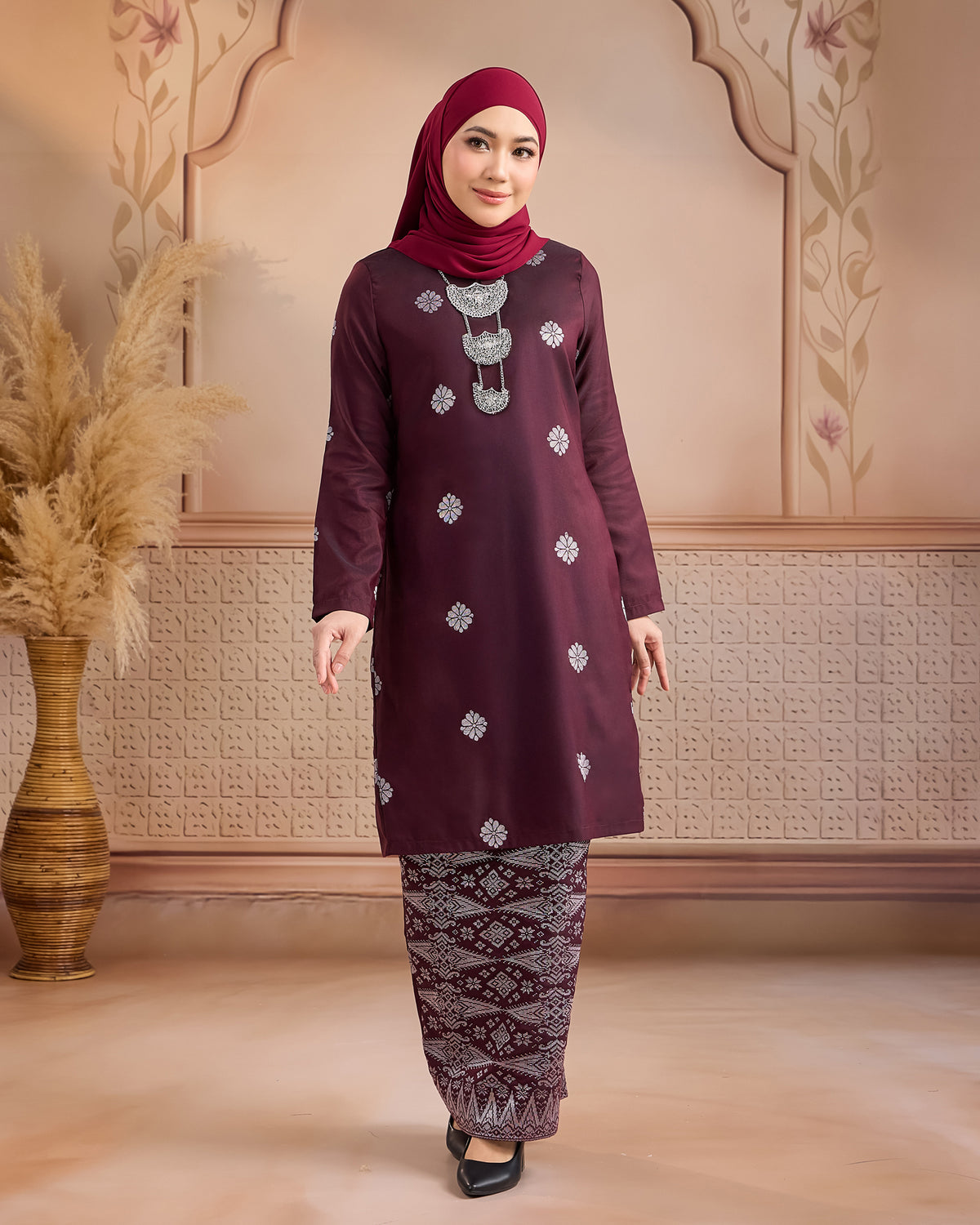 KURUNG LAYLA (MODEN) | BURGUNDY - SILVER