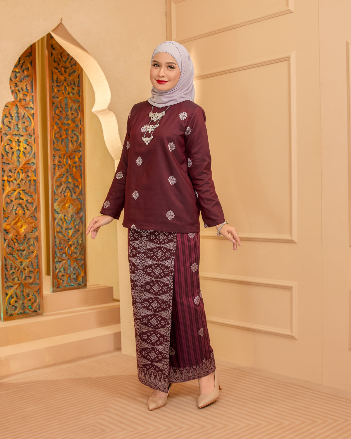 KURUNG MAHSURI (KEDAH) - Songket Jalur | Burgundy-Dusty Pink