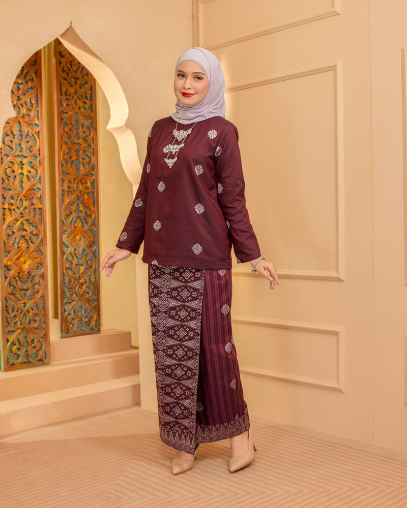 KURUNG MAHSURI (KEDAH) - Songket Jalur | Burgundy-Dusty Pink