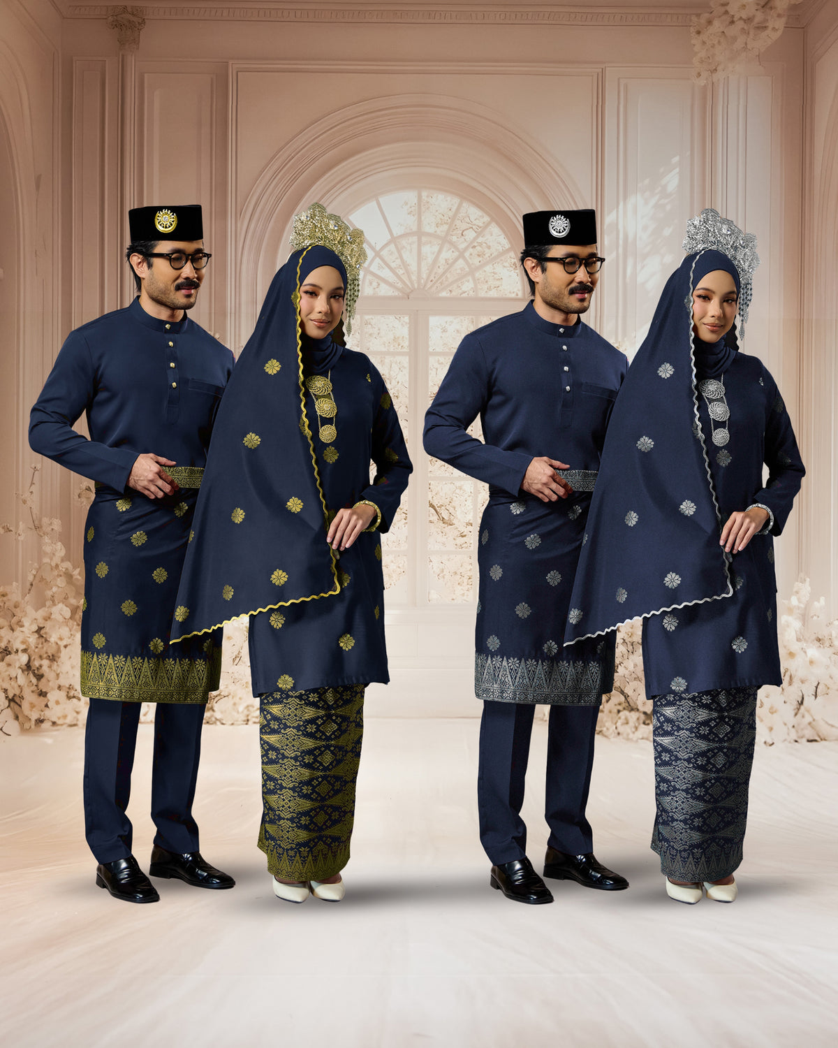 SEJIWHA SET C - BAJU MELAYU CEKAK MUSANG & KURUNG LAYLA | NAVY BLUE SILVER/GOLD