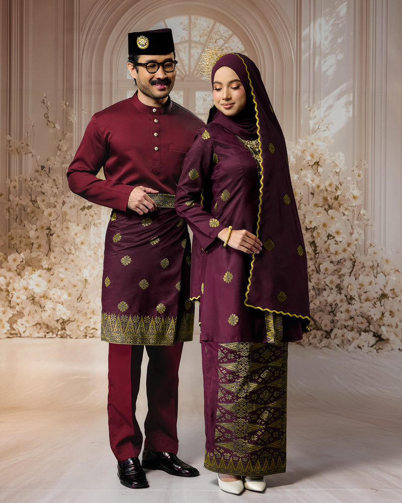 SEJIWHA SET D - BAJU MELAYU CEKAK MUSANG & KURUNG KEBAYA | BURGUNDY SILVER/GOLD