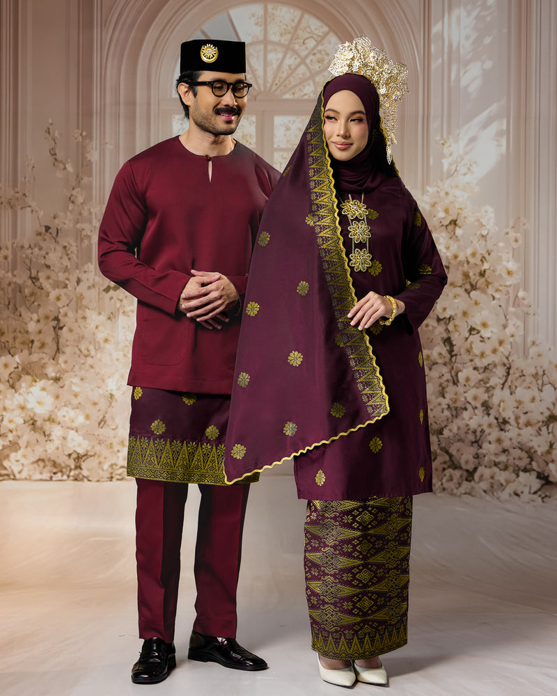 SEJIWHA SET A - BAJU MELAYU PUTRA & KURUNG LAYLA | BURGUNDY SILVER/GOLD