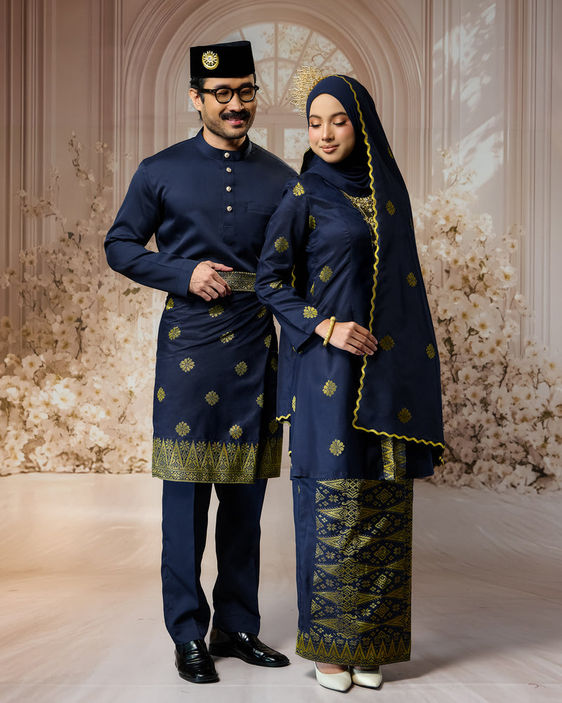 SEJIWHA SET D - BAJU MELAYU CEKAK MUSANG & KURUNG KEBAYA | NAVY BLUE SILVER/GOLD