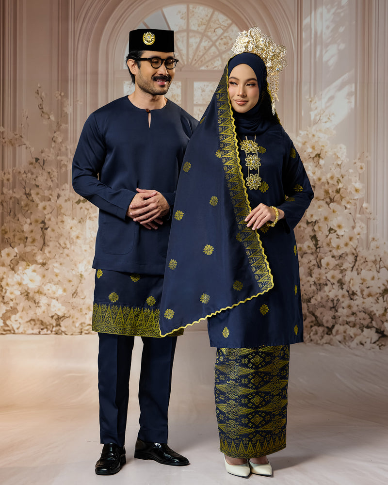 SEJIWHA SET A - BAJU MELAYU TELUK BELANGA & KURUNG LAYLA | NAVY BLUE SILVER/GOLD