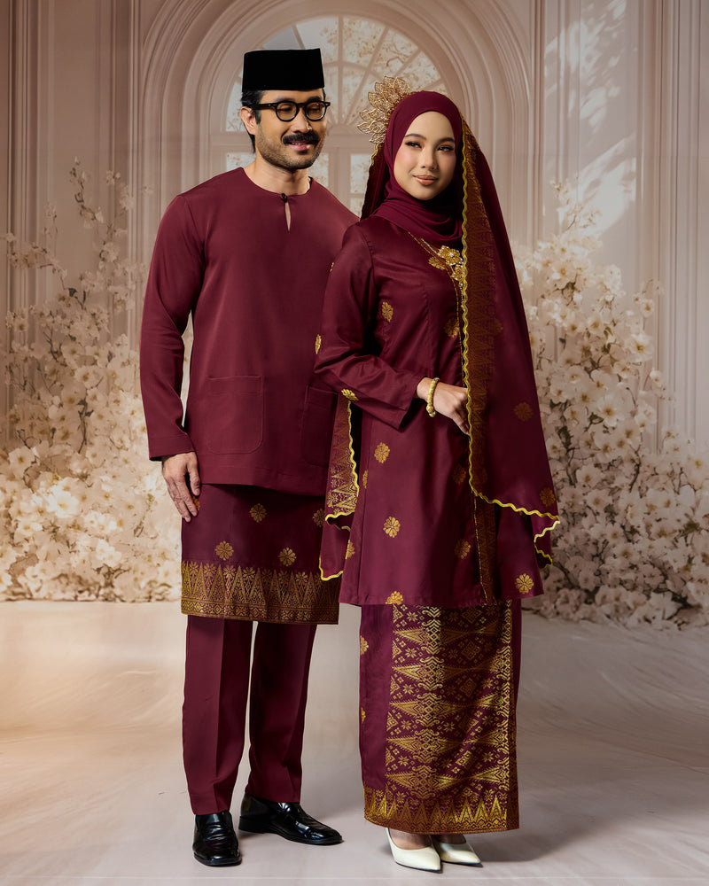 SEJIWHA SET B  - BAJU MELAYU TELUK BELANGA & KURUNG KEBAYA | MAROON SILVER/GOLD