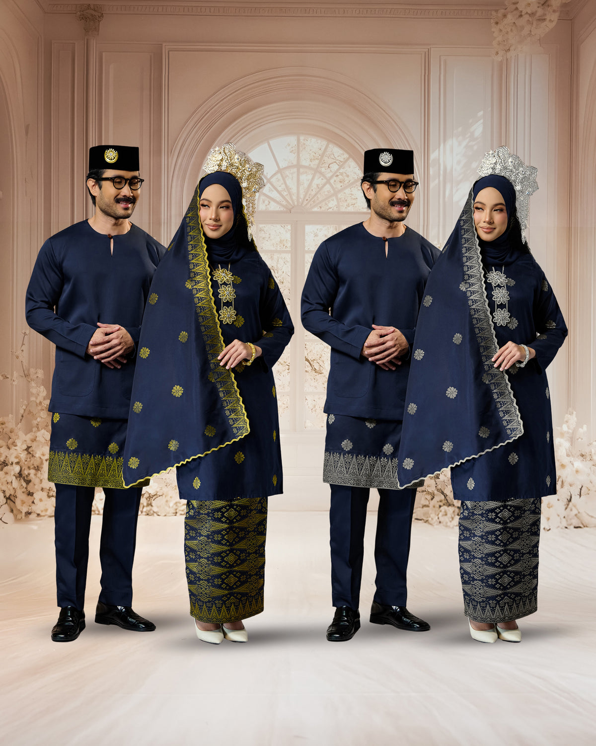 SEJIWHA SET A - BAJU MELAYU TELUK BELANGA & KURUNG LAYLA | NAVY BLUE SILVER/GOLD