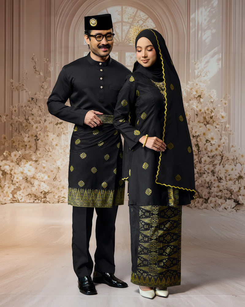 SEJIWHA SET D - BAJU MELAYU CEKAK MUSANG & KURUNG KEBAYA | BLACK SILVER/GOLD