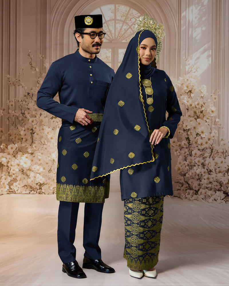 SEJIWHA SET C - BAJU MELAYU CEKAK MUSANG & KURUNG LAYLA | NAVY BLUE SILVER/GOLD