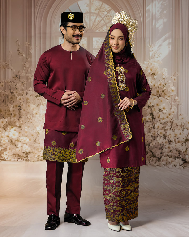 SEJIWHA SET A - BAJU MELAYU PUTRA & KURUNG LAYLA | MAROON SILVER/GOLD