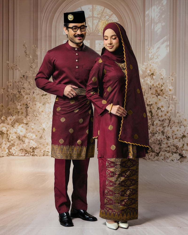SEJIWHA SET D - BAJU MELAYU CEKAK MUSANG & KURUNG KEBAYA | MAROON SILVER/GOLD
