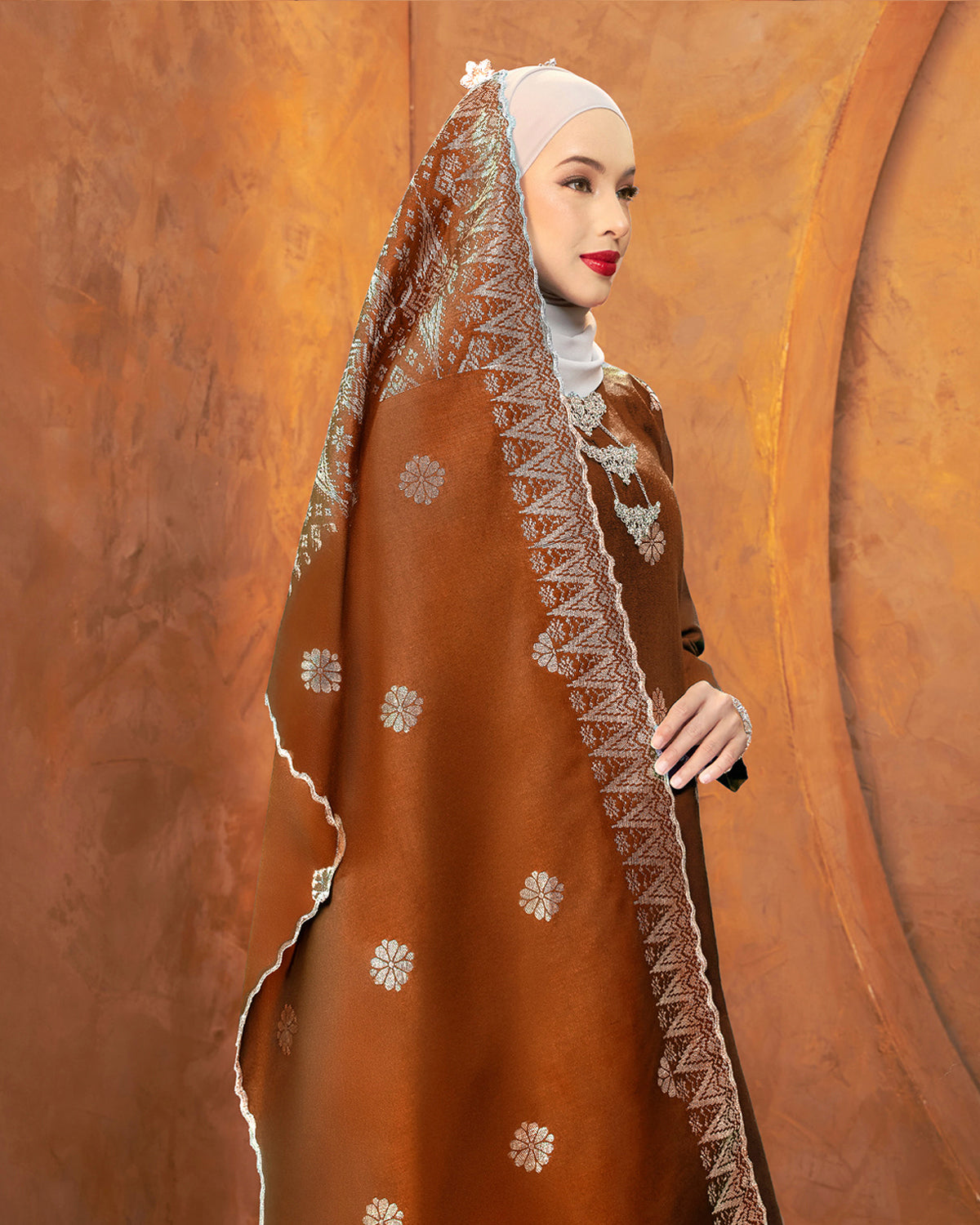 Selendang Songket | Brick Orange Silver  (Thalia)
