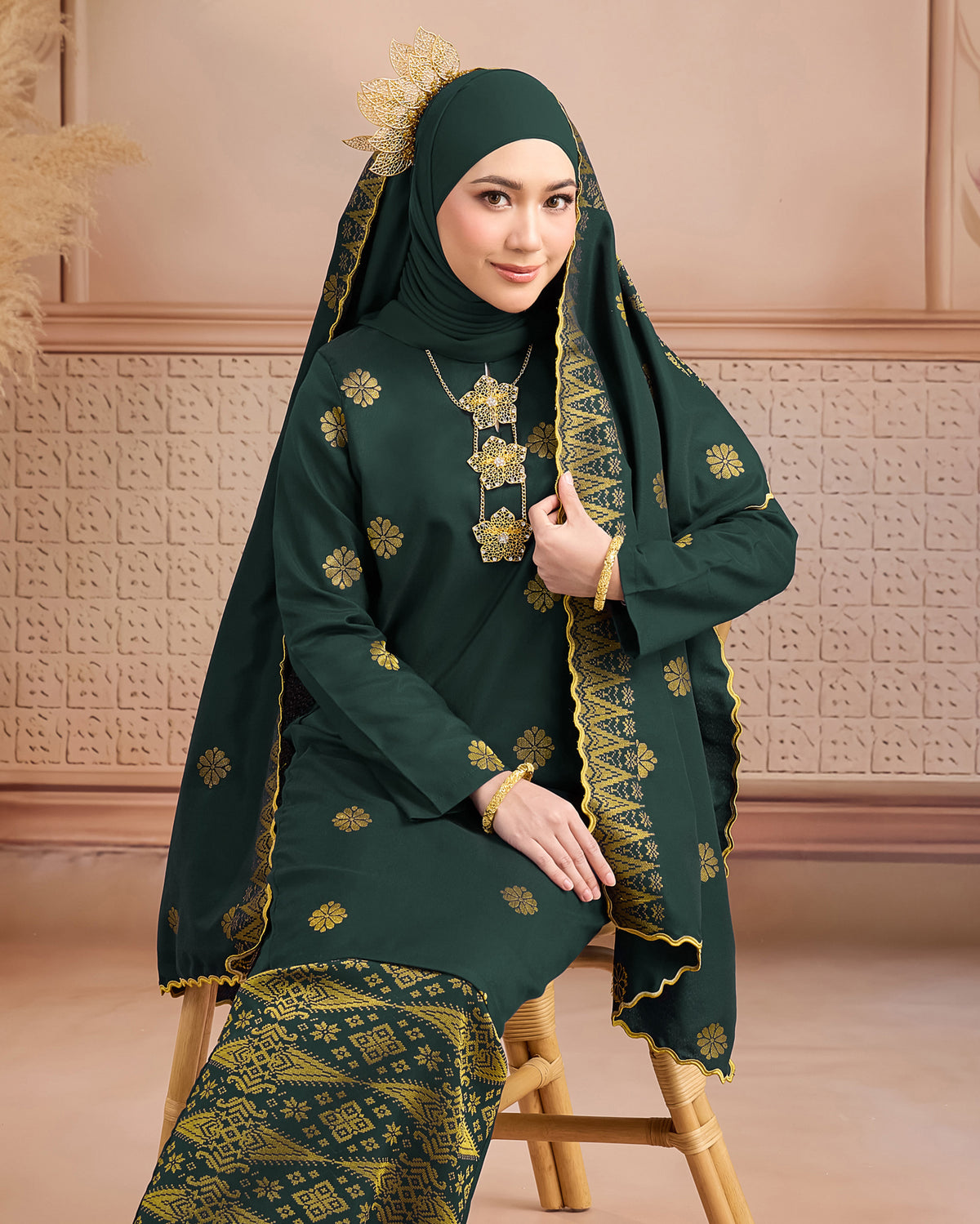 Selendang Songket | Dark Emerald Green Gold (Thalia)