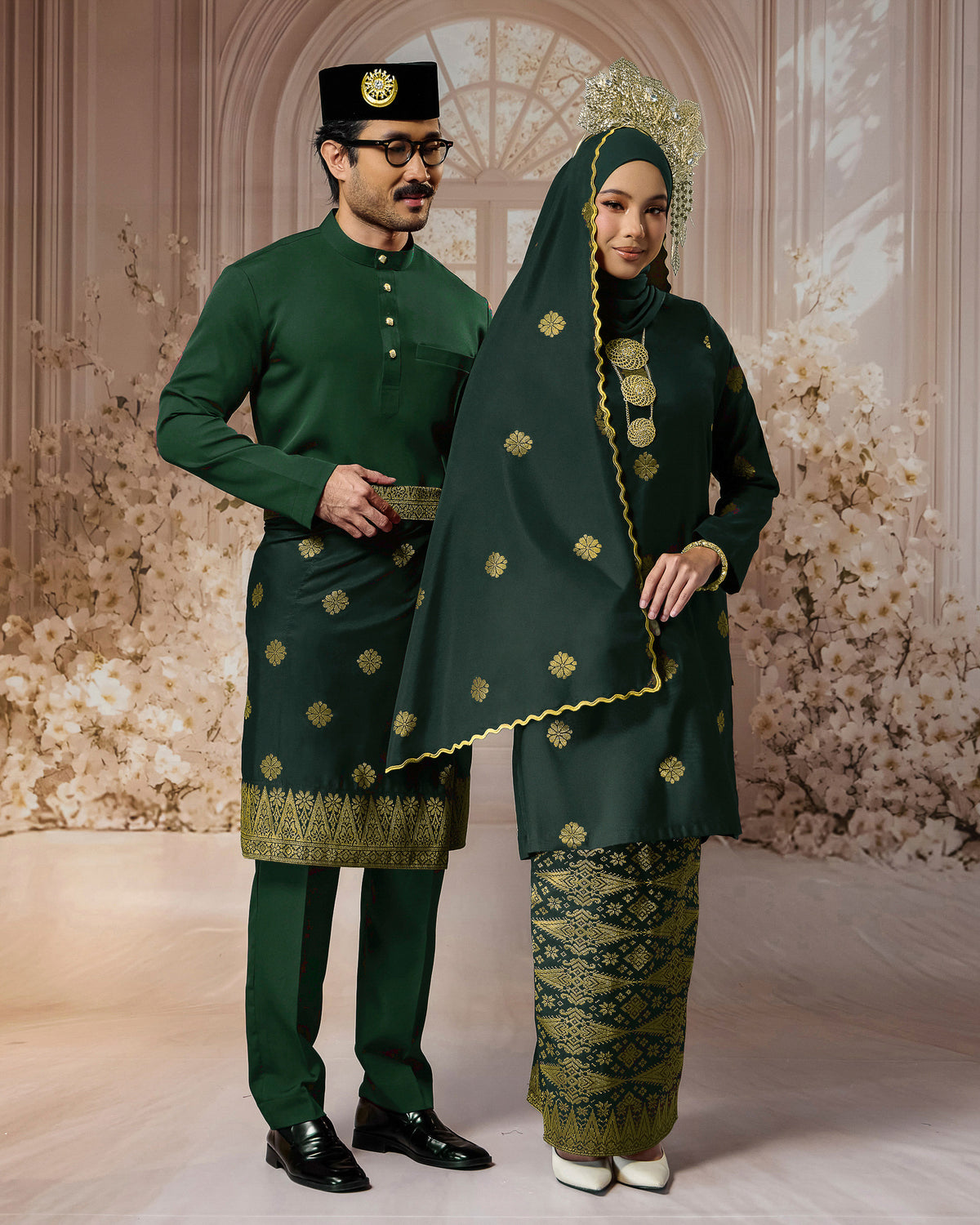 SEJIWHA SET C - BAJU MELAYU CEKAK MUSANG & KURUNG LAYLA | DARK EMERALD GREEN SILVER/GOLD
