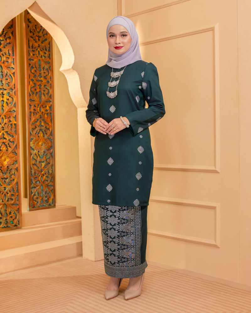 KURUNG INTAN (MODEN) - SONGKET TENUN ASLI | DARK EMERALD GREEN SILVER