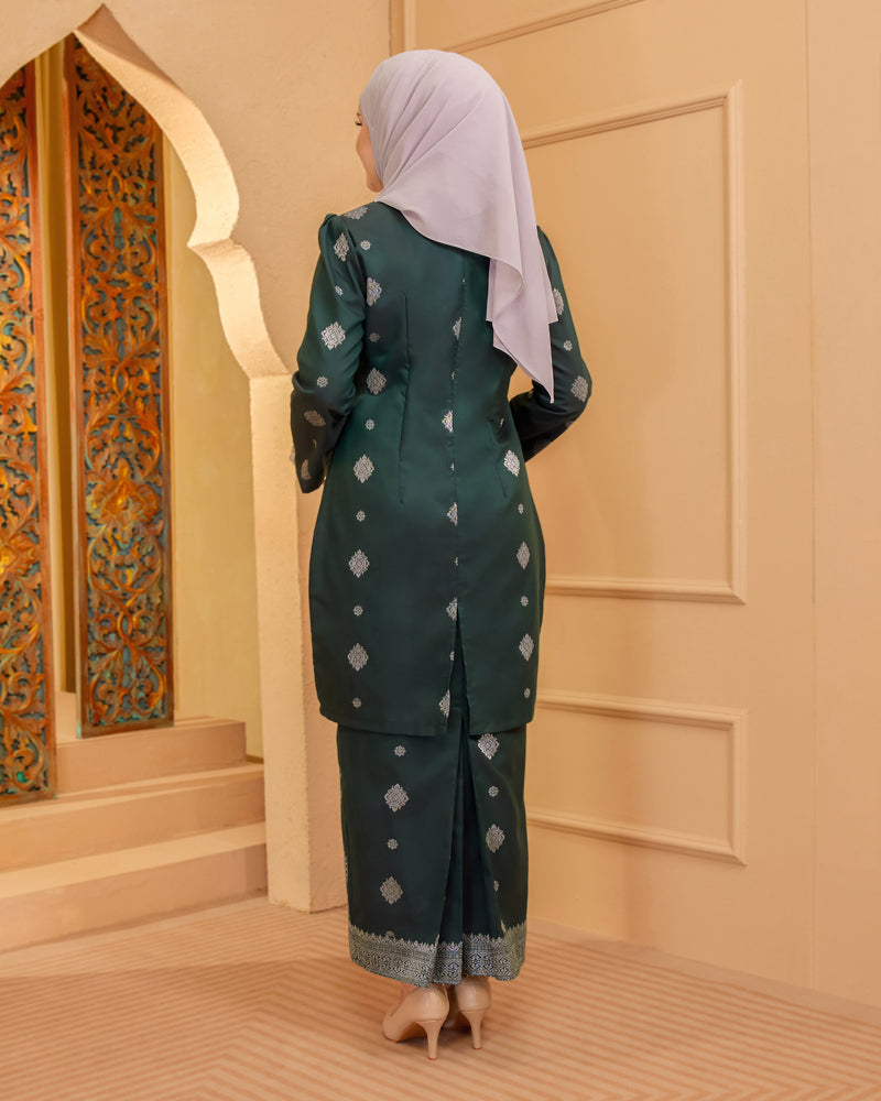 KURUNG INTAN (MODEN) - SONGKET TENUN ASLI | DARK EMERALD GREEN SILVER