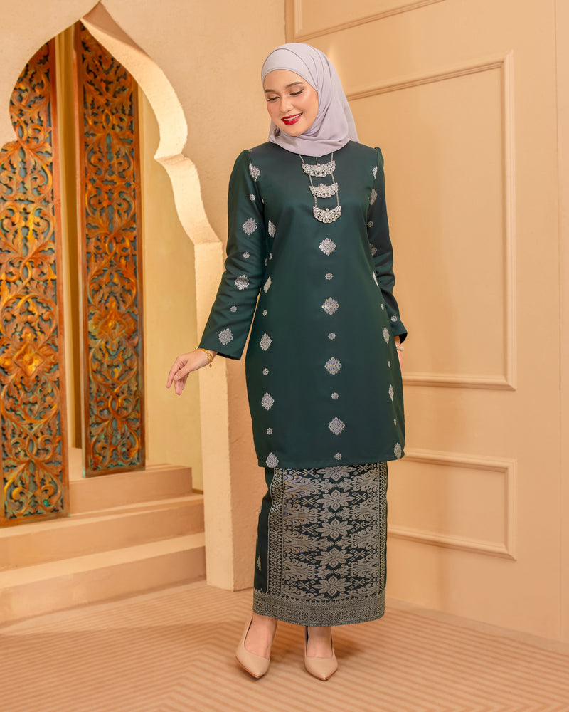 KURUNG INTAN (MODEN) - SONGKET TENUN ASLI | DARK EMERALD GREEN SILVER