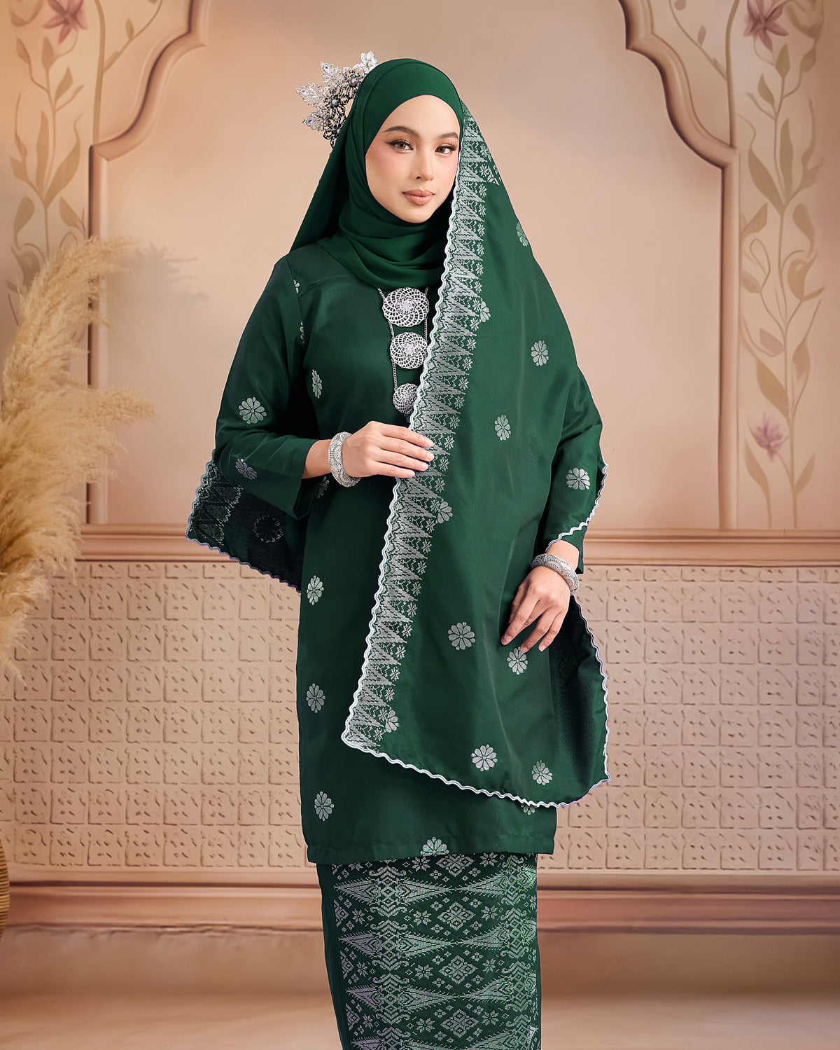 Selendang Songket | Emerald Green Silver (Thalia)