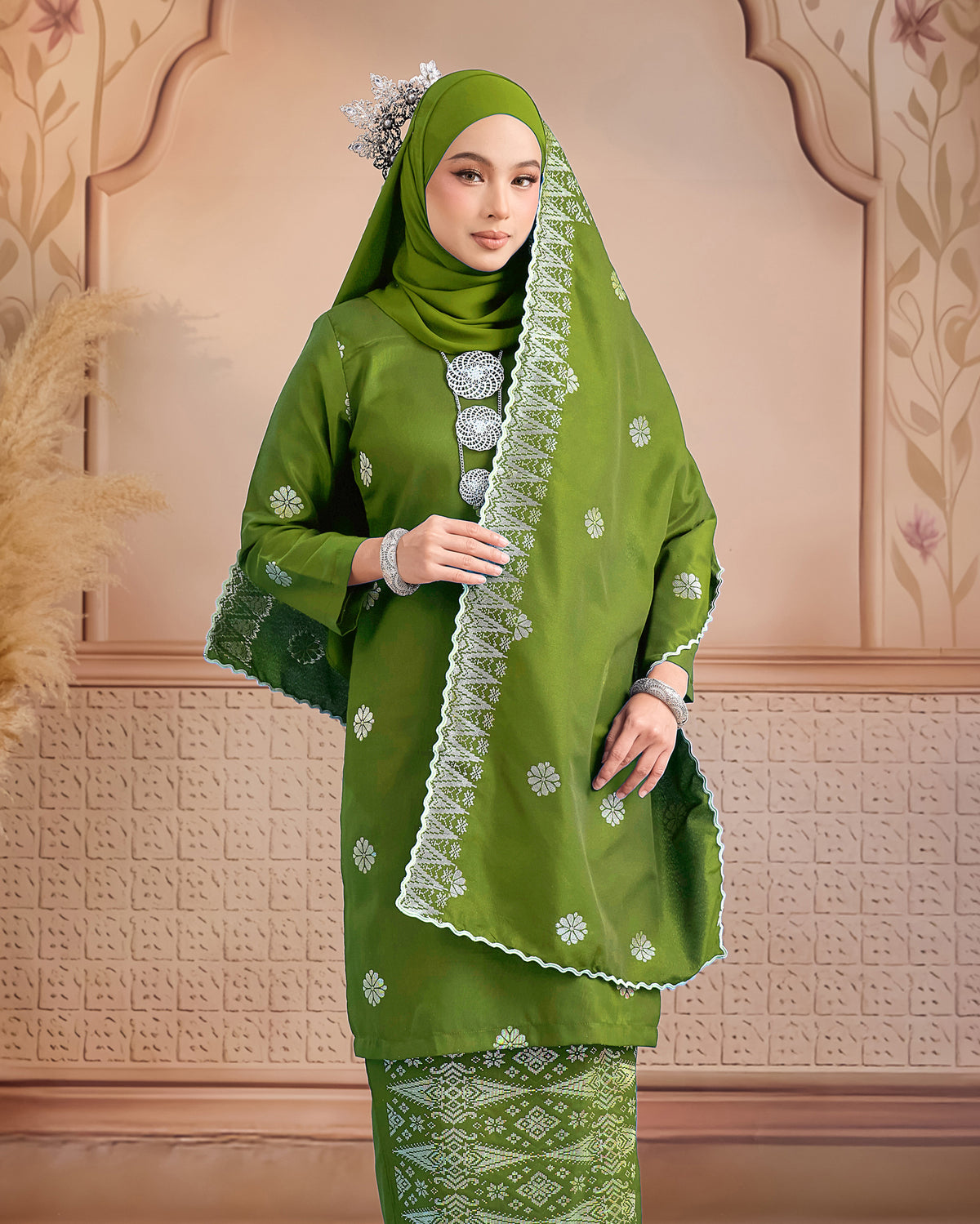 Selendang Songket | Olive Green Silver (Thalia)