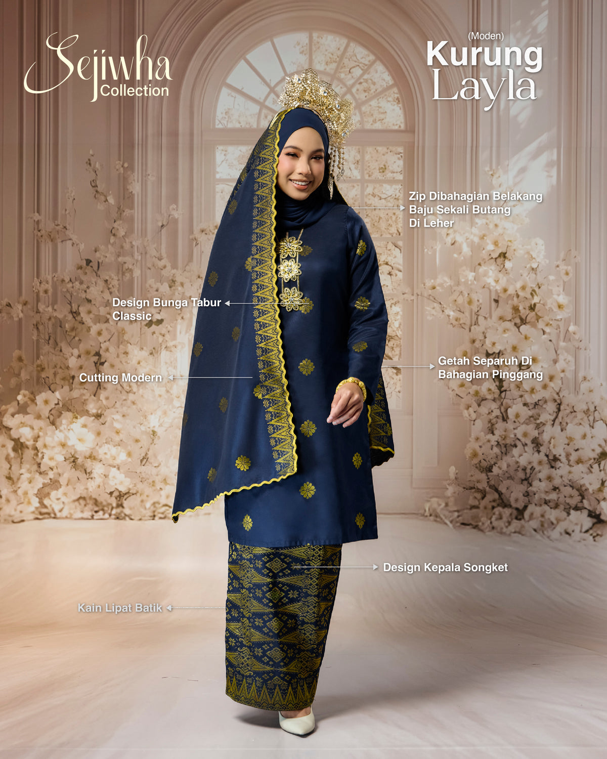 SEJIWHA SET A - BAJU MELAYU PUTRA & KURUNG LAYLA | OFF WHITE SILVER/GOLD