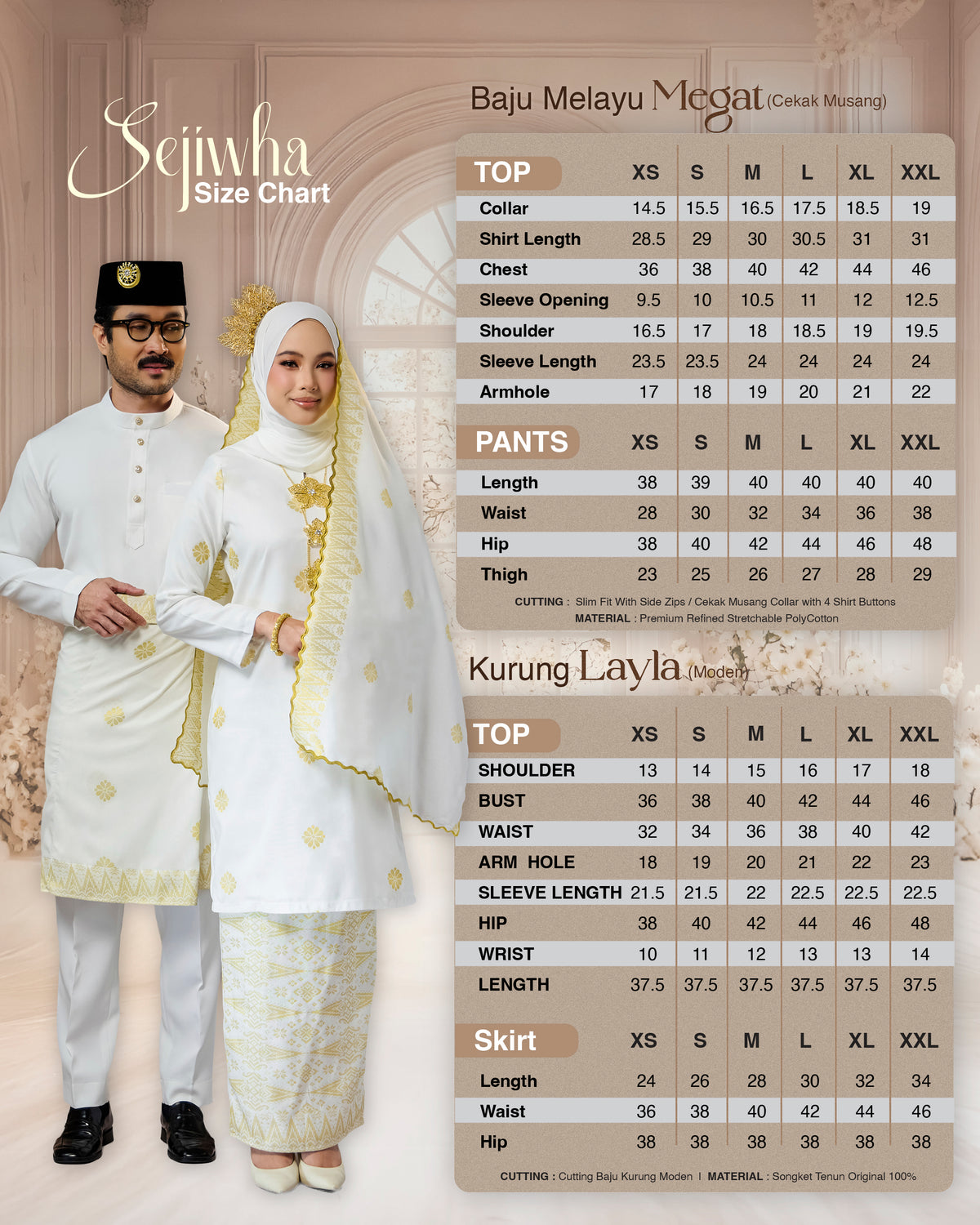 SEJIWHA SET C - BAJU MELAYU CEKAK MUSANG & KURUNG LAYLA | OFF WHITE SILVER/GOLD